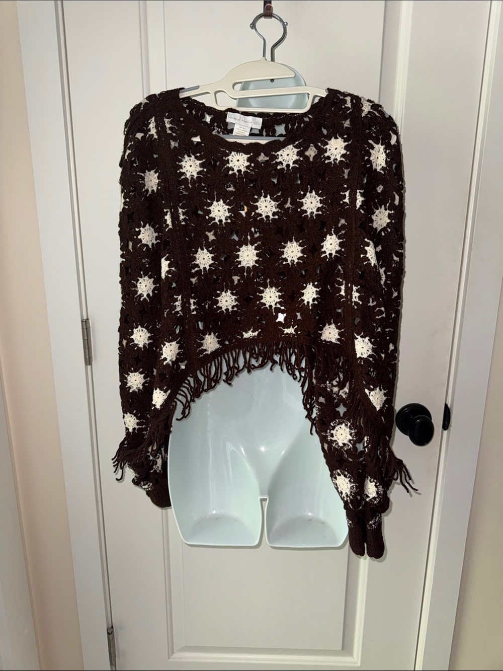House of Harlow 1960 Brown Crochet Fringe Sweater with Cream Star Accents